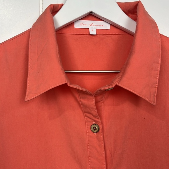 Ces Femme Womens Mini Dress S Tangerine Puff Sleeves Button Down Pockets Collar - Picture 3 of 13